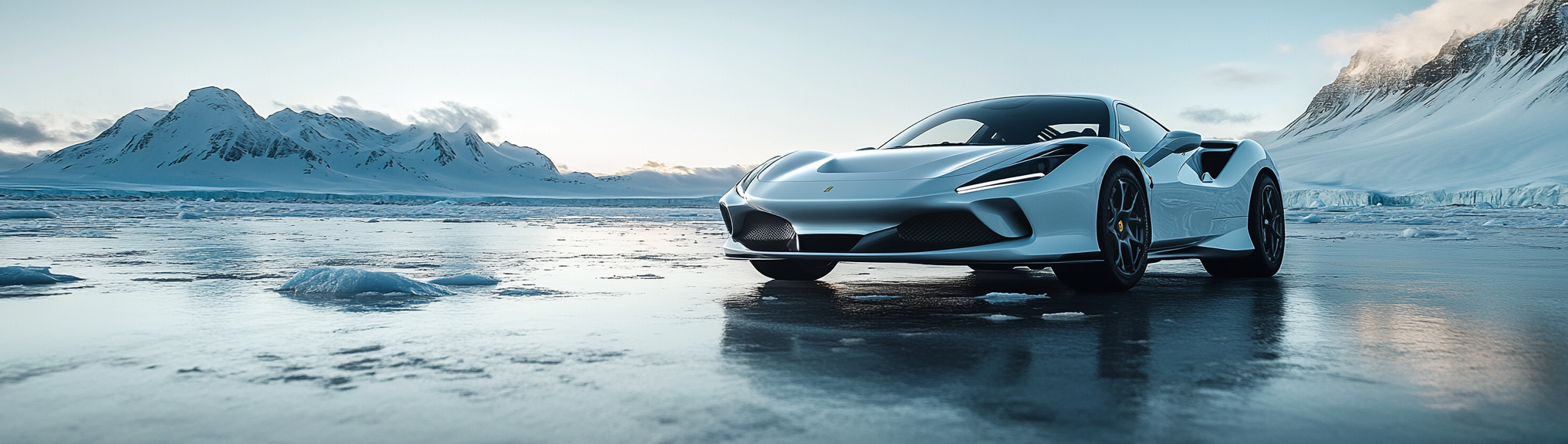 White Ferrari on ice in Antarctica, low-angle shot.