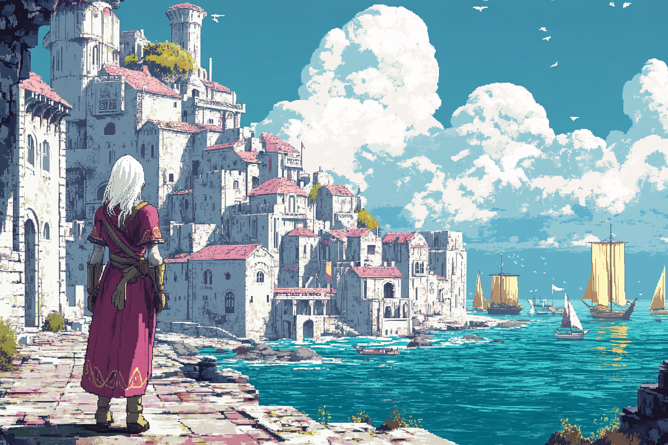 White-Haired Adventurer in Colorful Fantasy Village Game