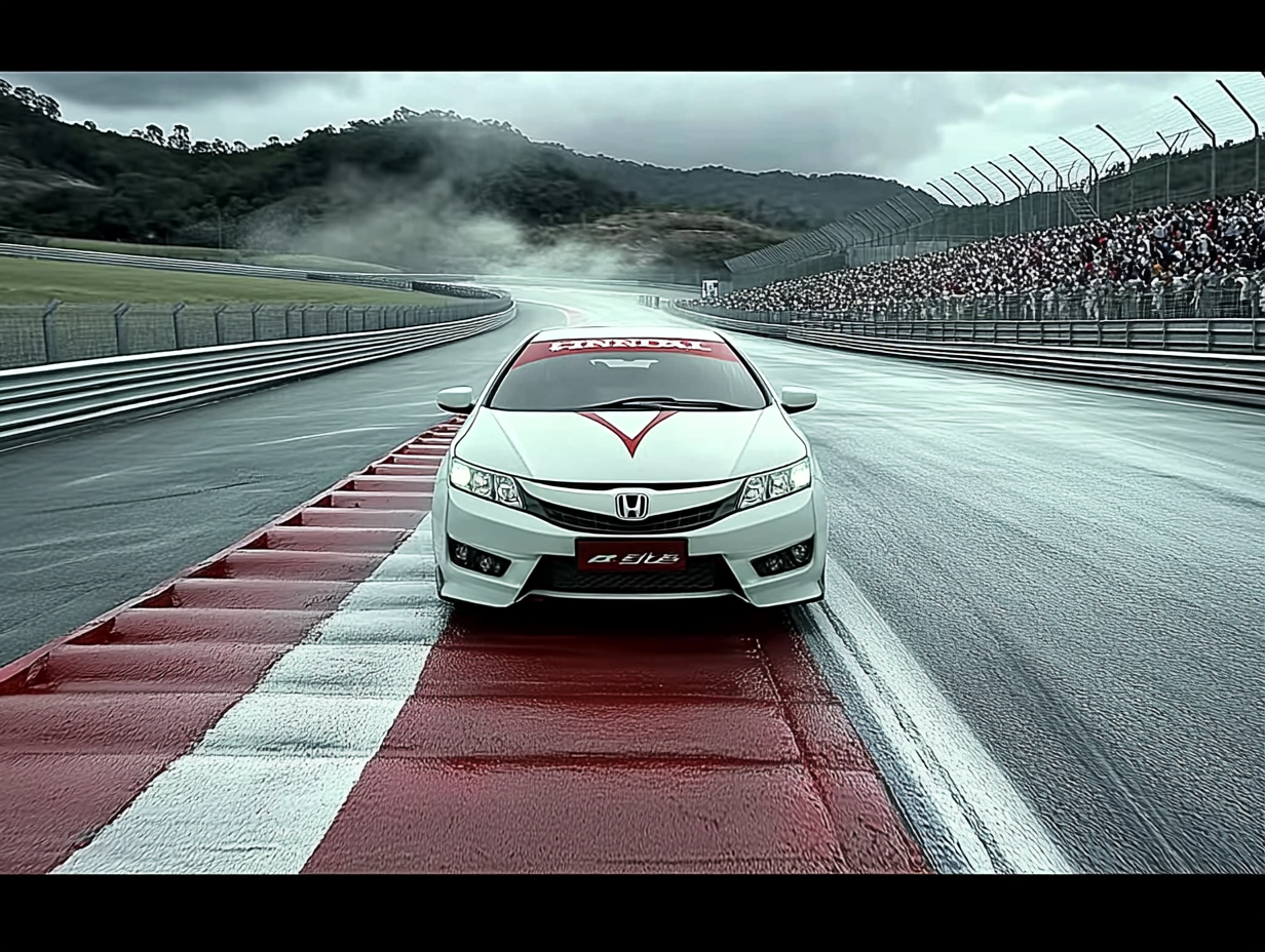 White Honda Civic Racing at Night on Formula One Track