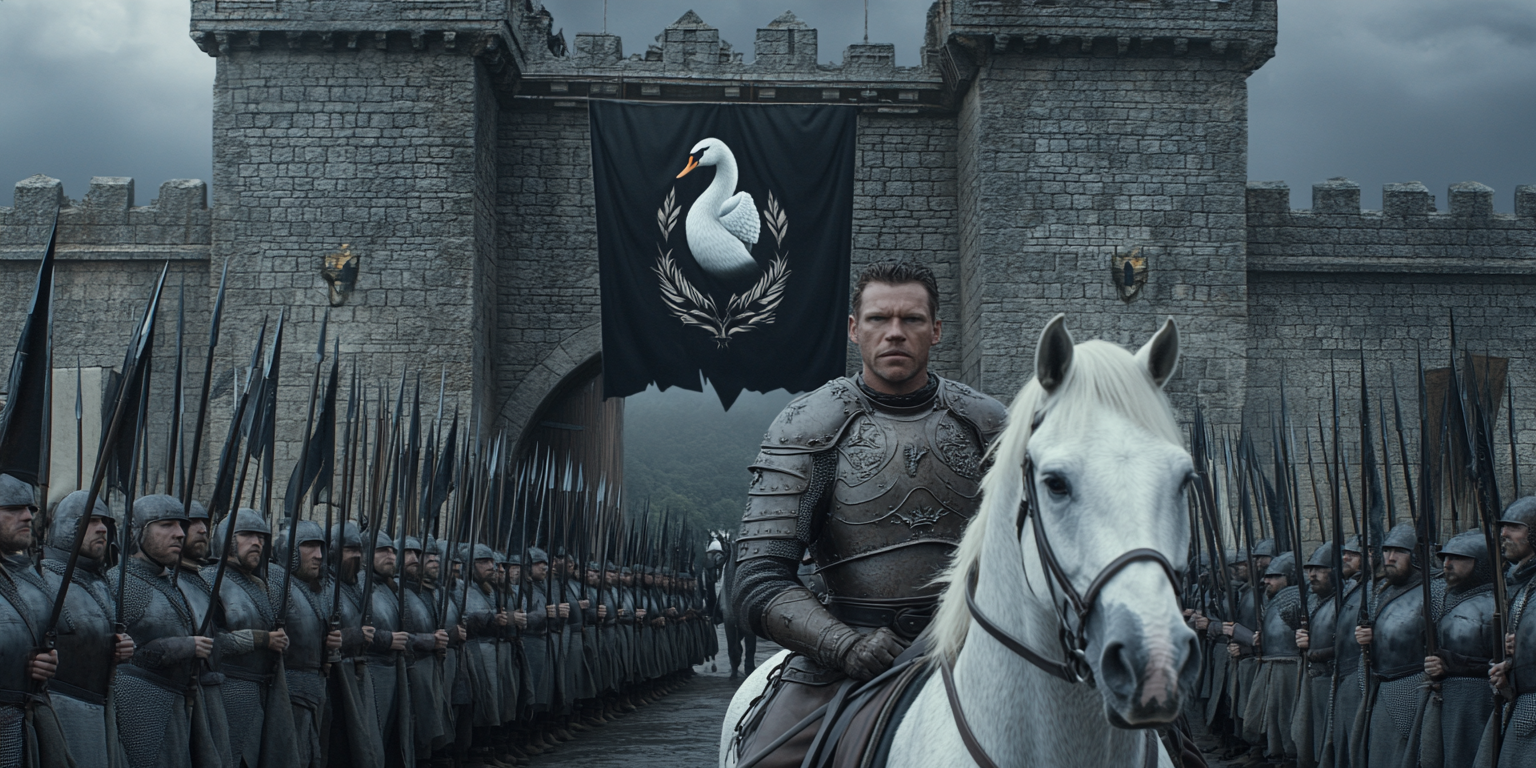 White Horse Led by Man in Armor Fantasy Cinematic Scene 