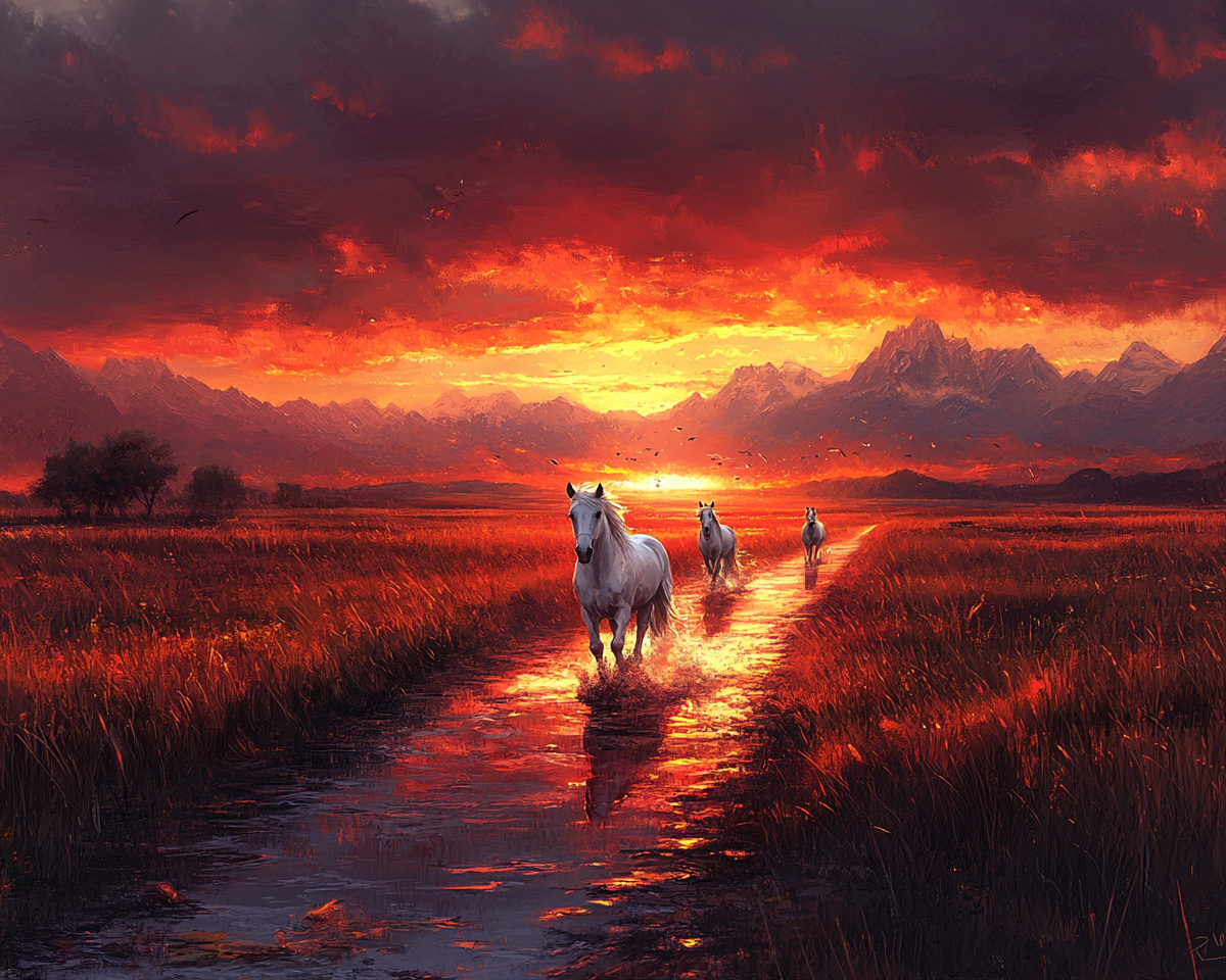 White Horses Running at Sunset Towards You