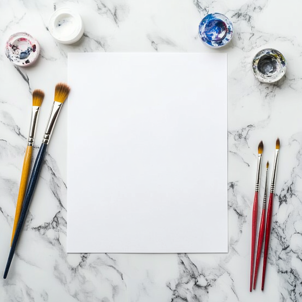 White Marble Desk with A4 Paper and Paintbrushes