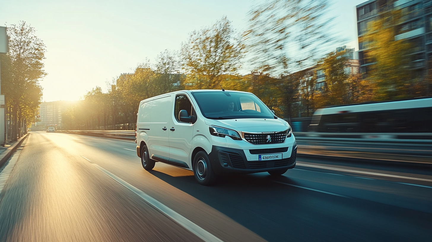 White Peugeot Expert 2023 speeding down highway. Morning, city.