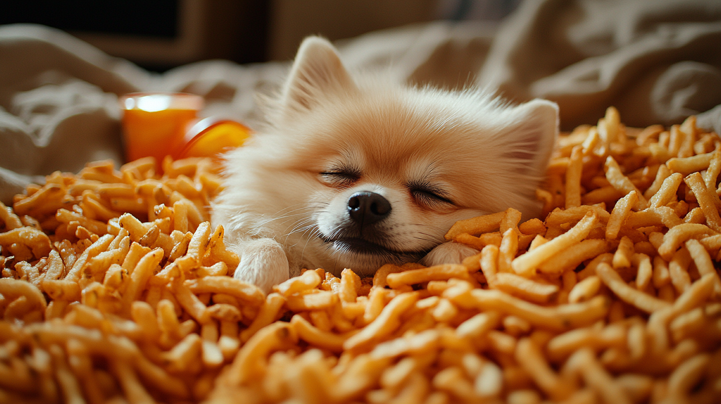 White Pomeranian, 7 years old, surrounded by McDonald's fries.