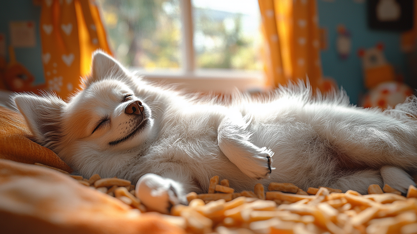 White Pomeranian, 7 years old, white fur face.