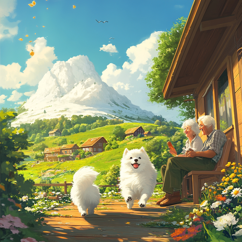 White Samoyed dog Nova playing in peaceful village scenery.