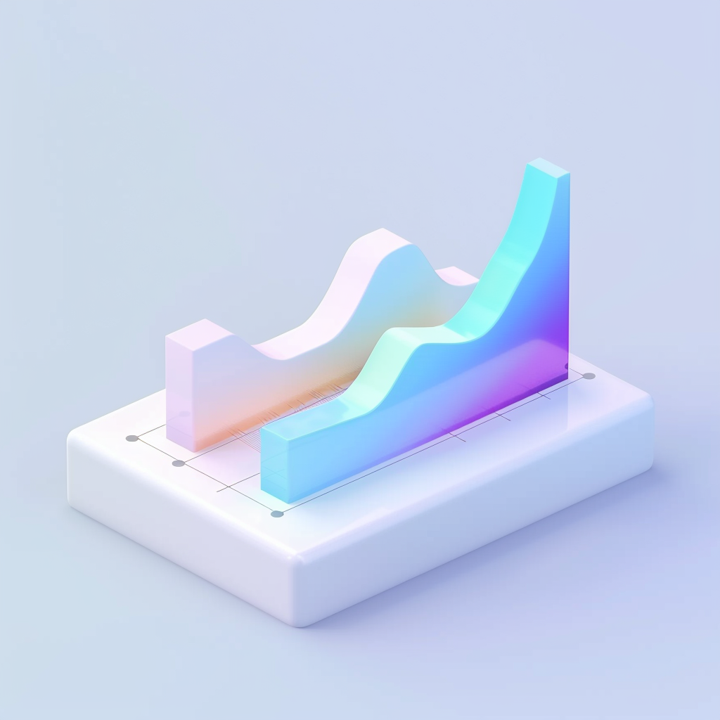 White and iridescent line chart in isometric view.