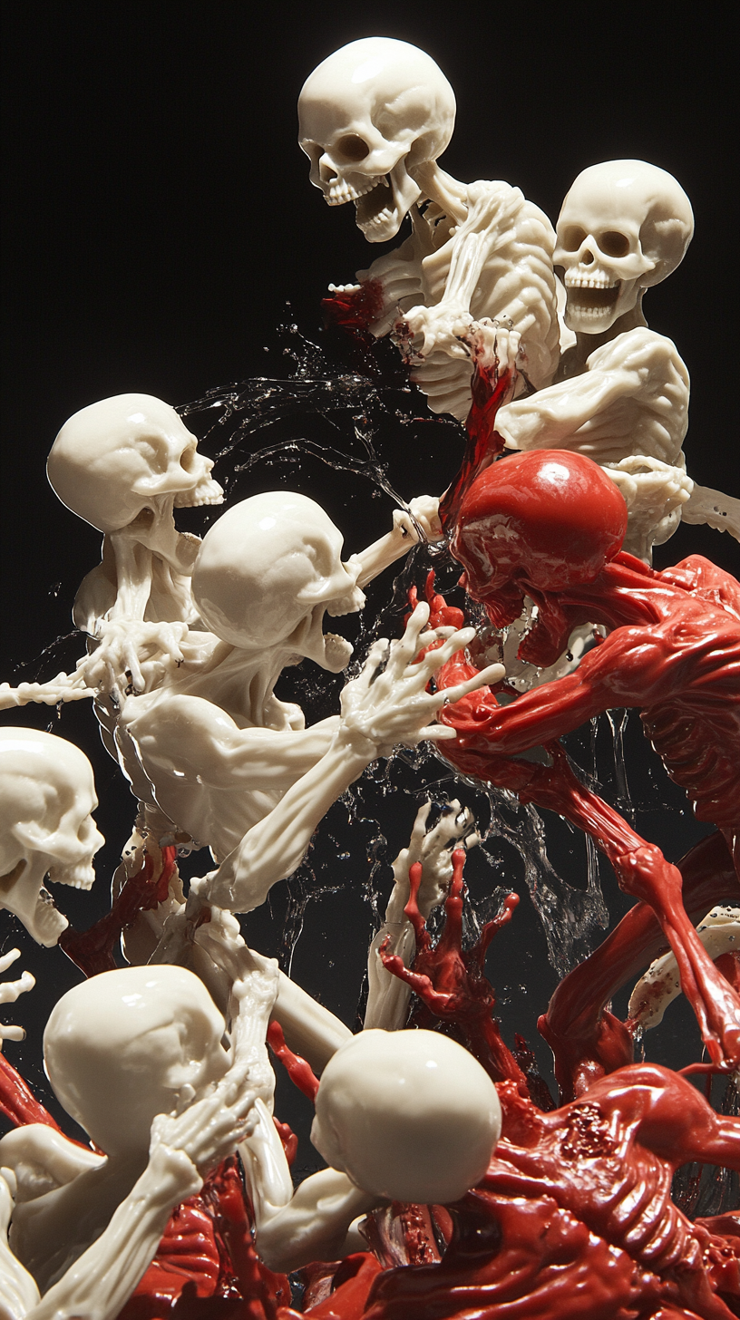 White and red figures with skull heads battle intensely.