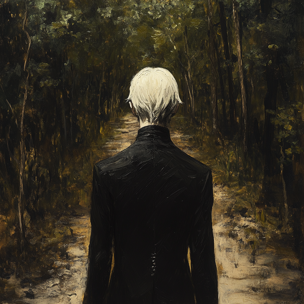 White blonde man in forest, looking back, detailed view.