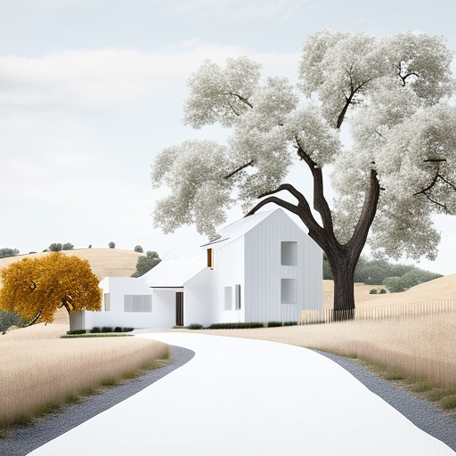 White board and baton farmhouse on sloping field.