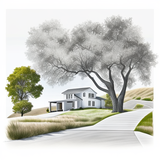 White board farmhouse with oak trees in midday.