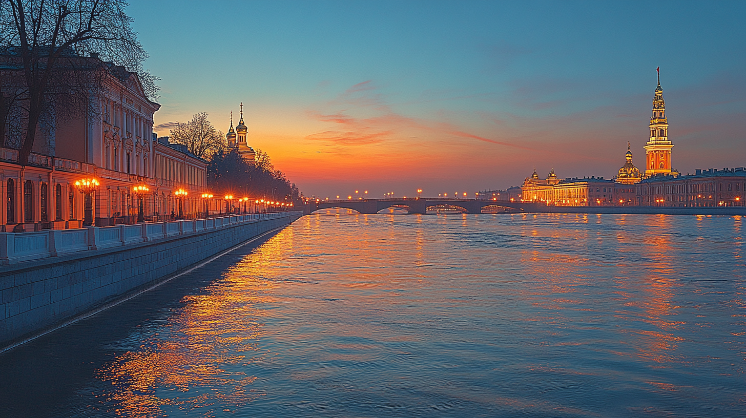 White bridge in St. Petersburg with fortress tower at night.