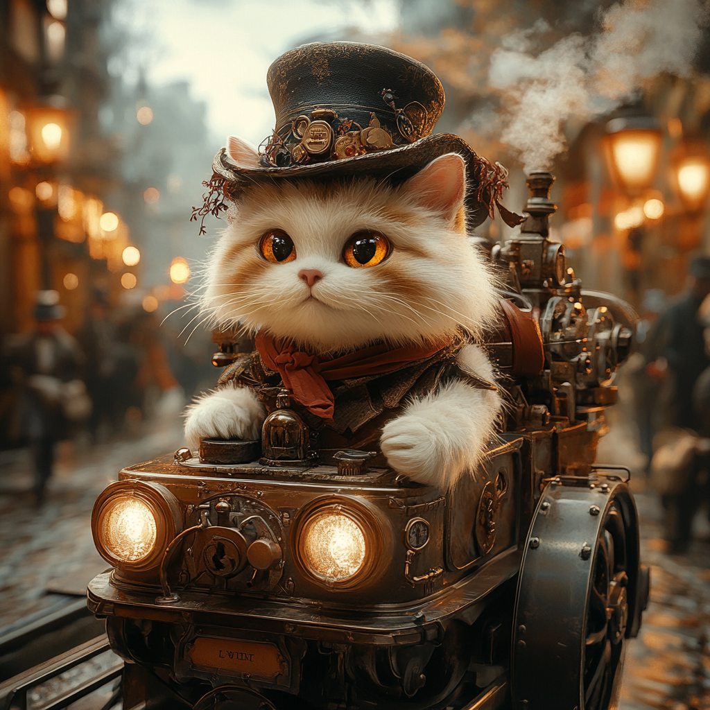 White cat in top hat rides time machine, 3D cartoon.