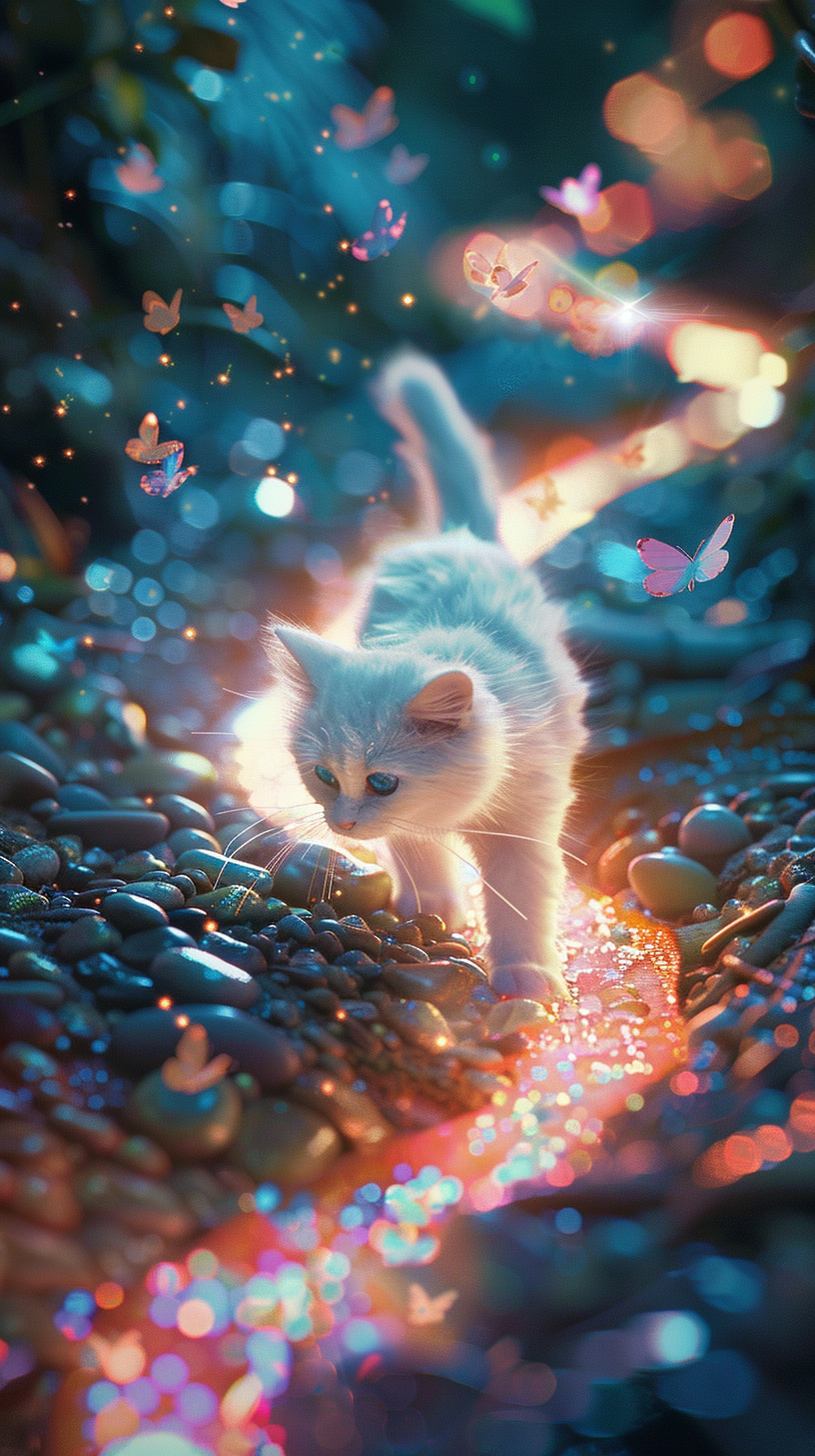 White cat on glowing, multicolored stone path with fairies.