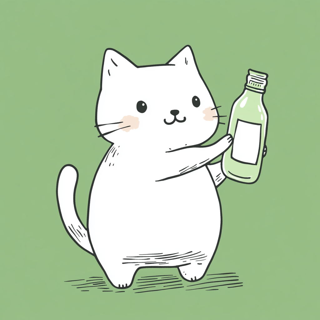 White cat posing with bottle on green background anime-style.