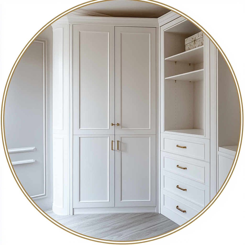 White corner wardrobe in circular golden frame. High resolution.