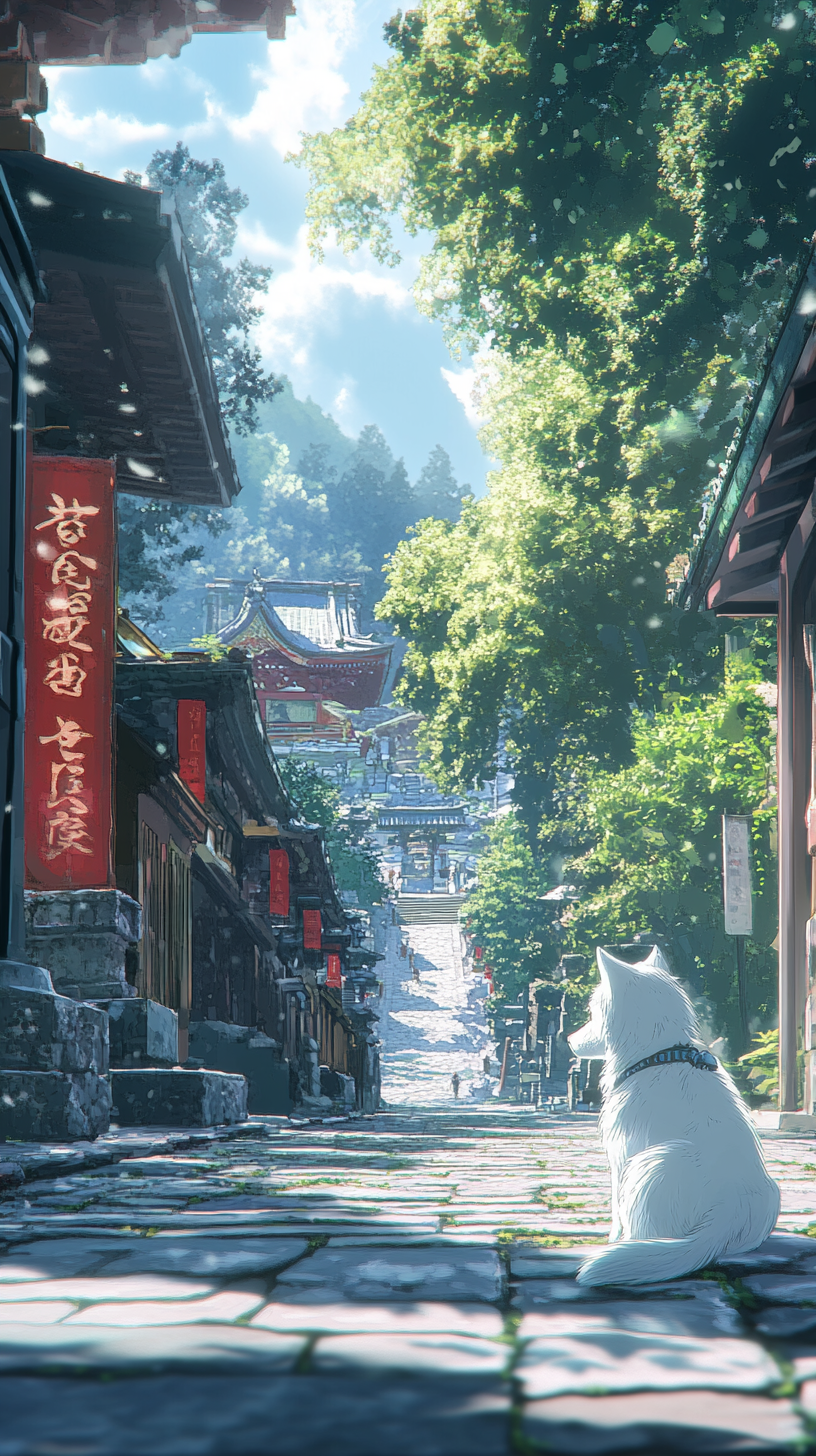 White dog enjoying Nikko temples and shrines in anime style.