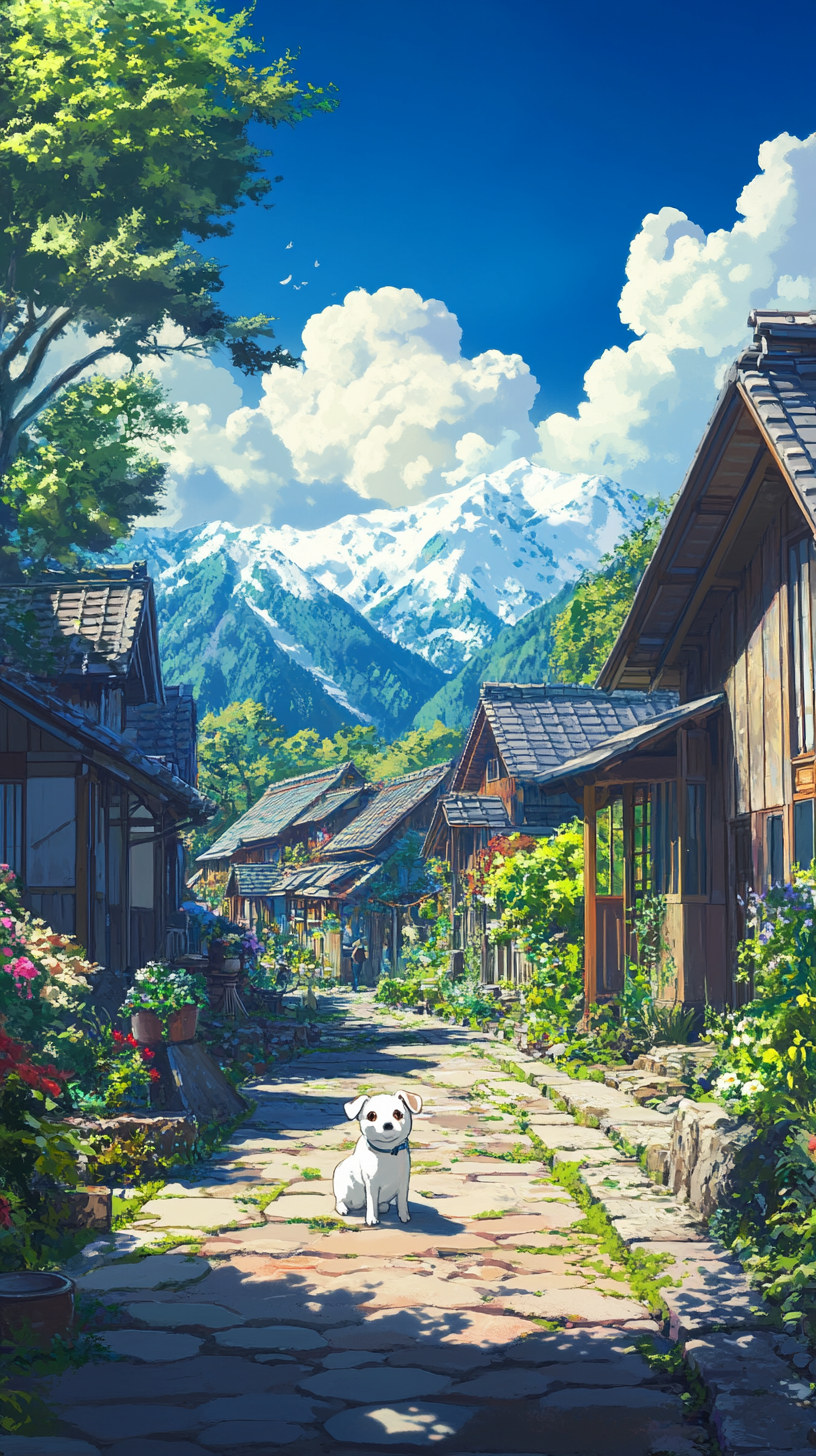 White dog in Shirakawa-go village, Japan. Bright sun.