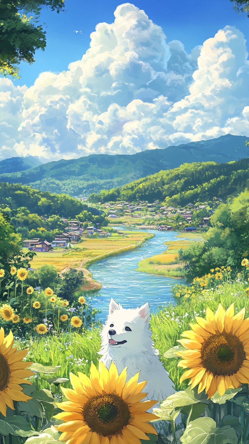 White dog relaxes by river in Japanese countryside.