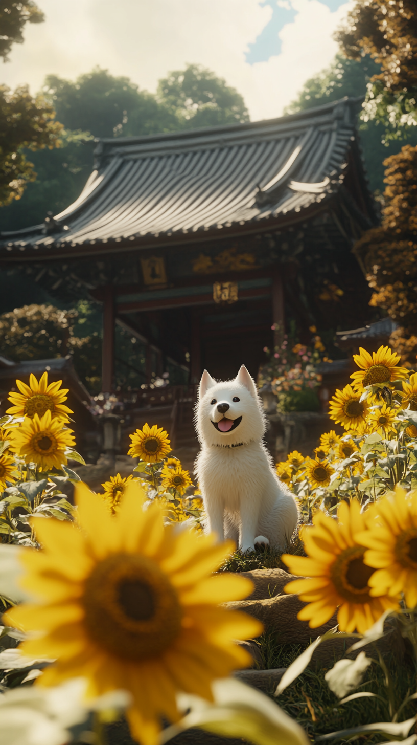 White dog relaxing at Nikko temples in Makoto Shinkai style.