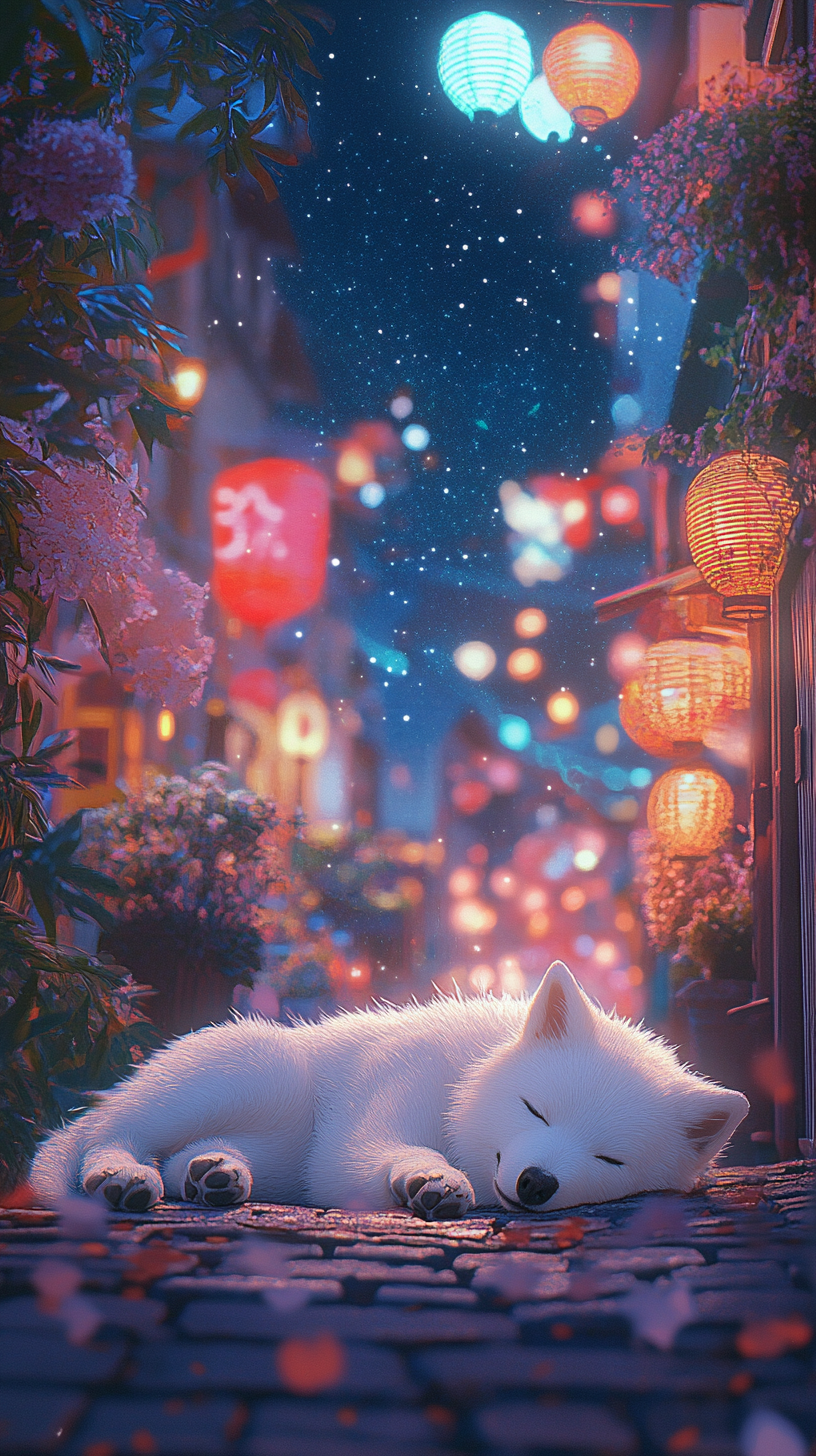 White dog resting in beautiful night with neon lights.