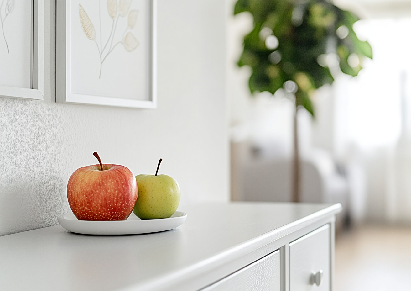 White dresser with child's drawing of apples and honey.