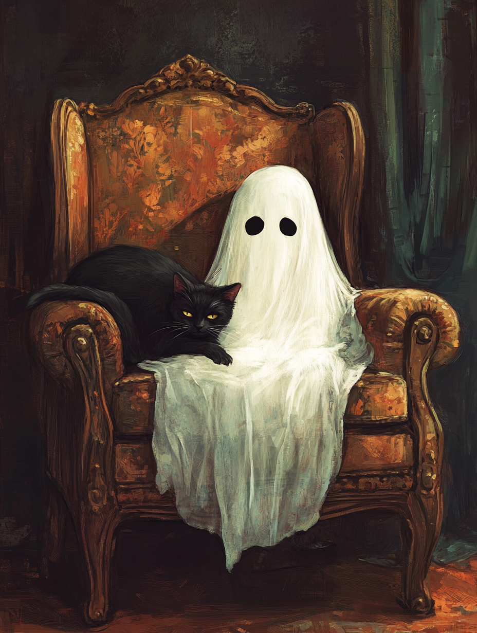 White ghost and black cat in Victorian armchair 