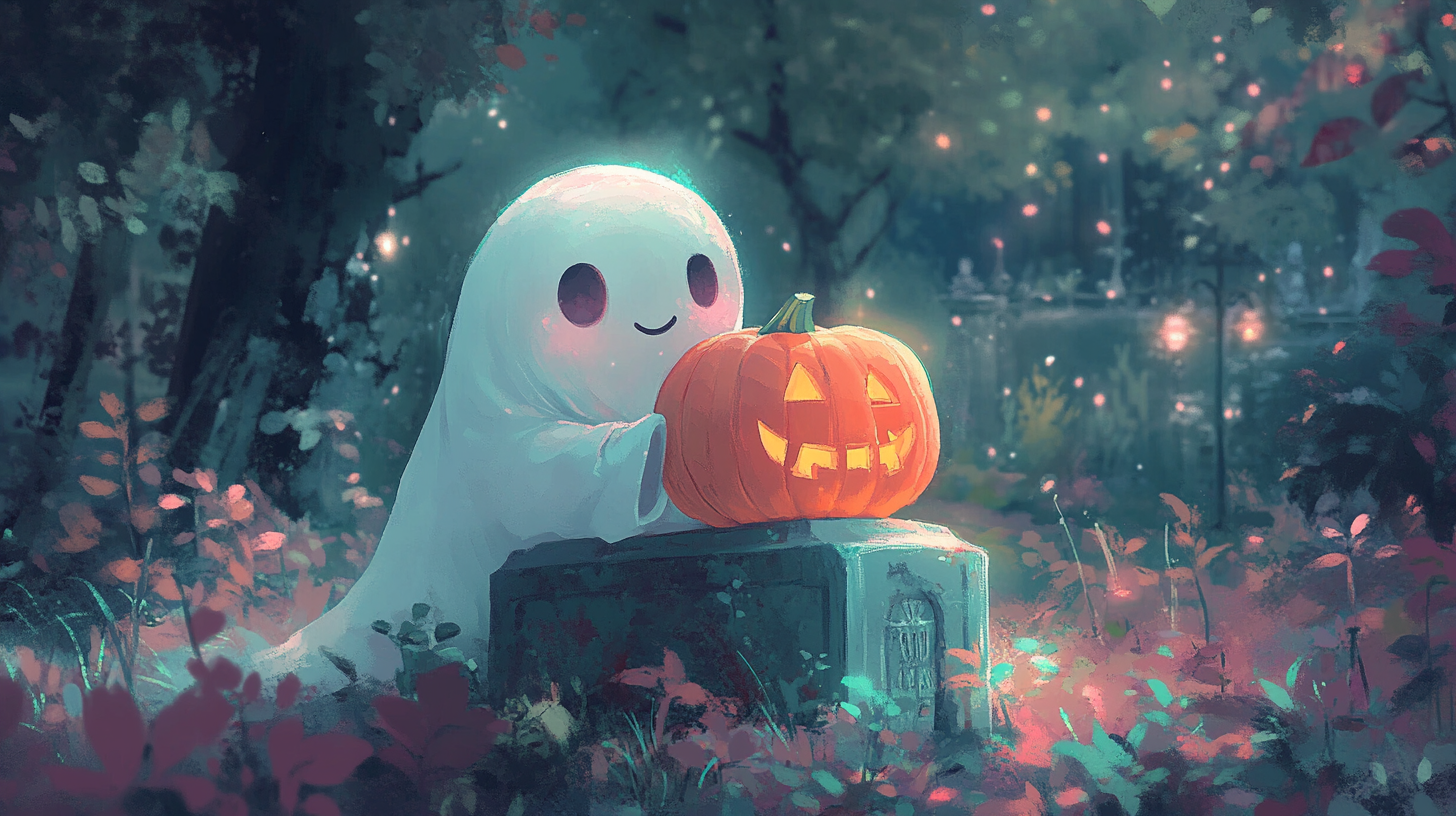 White ghost with pumpkin on gravestone, Disney aesthetic