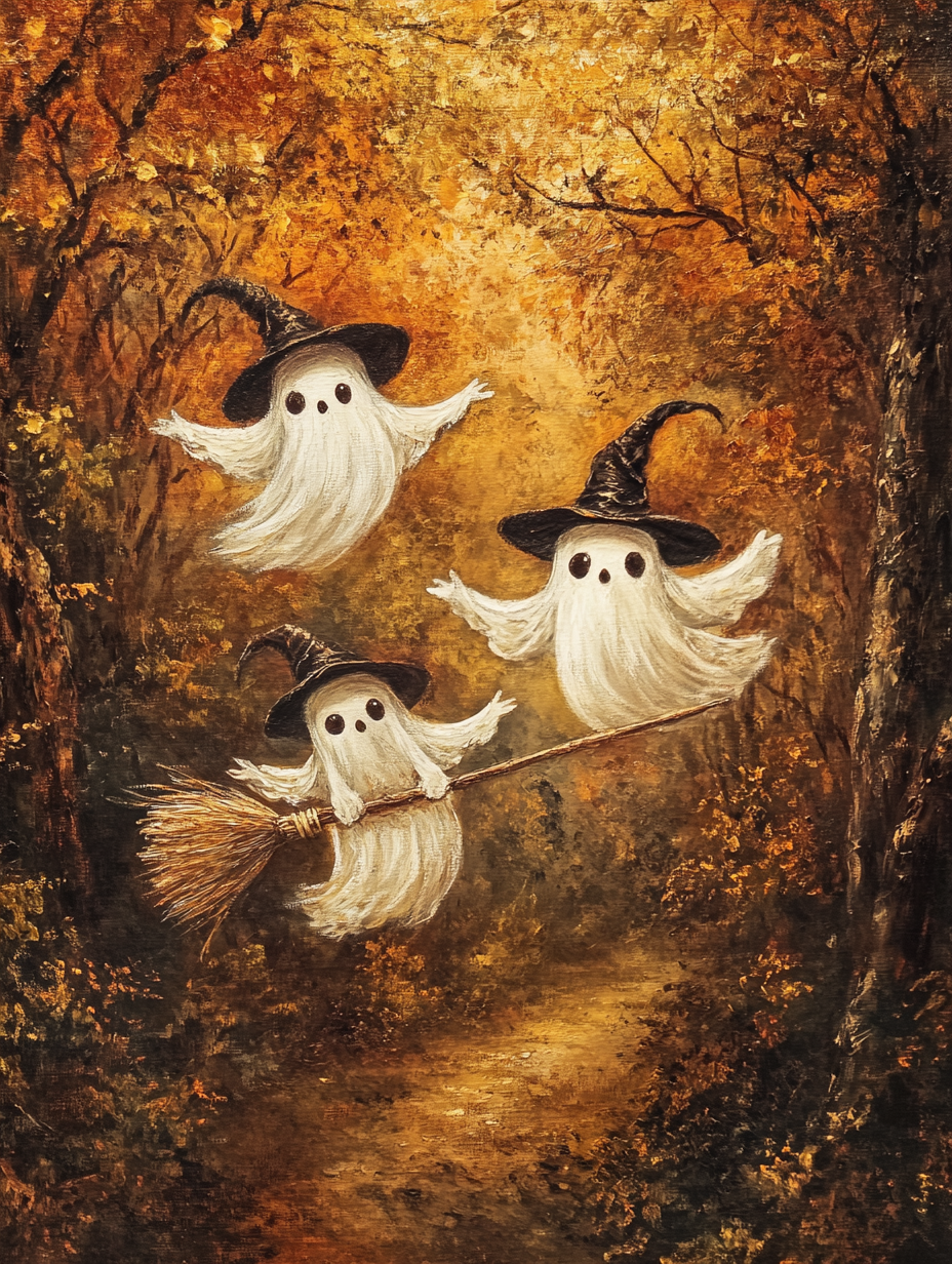 White ghosts on broomstick in autumn forest, oil painting