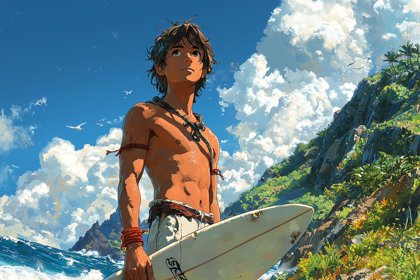 White guy with surfboard in colorful anime landscape.