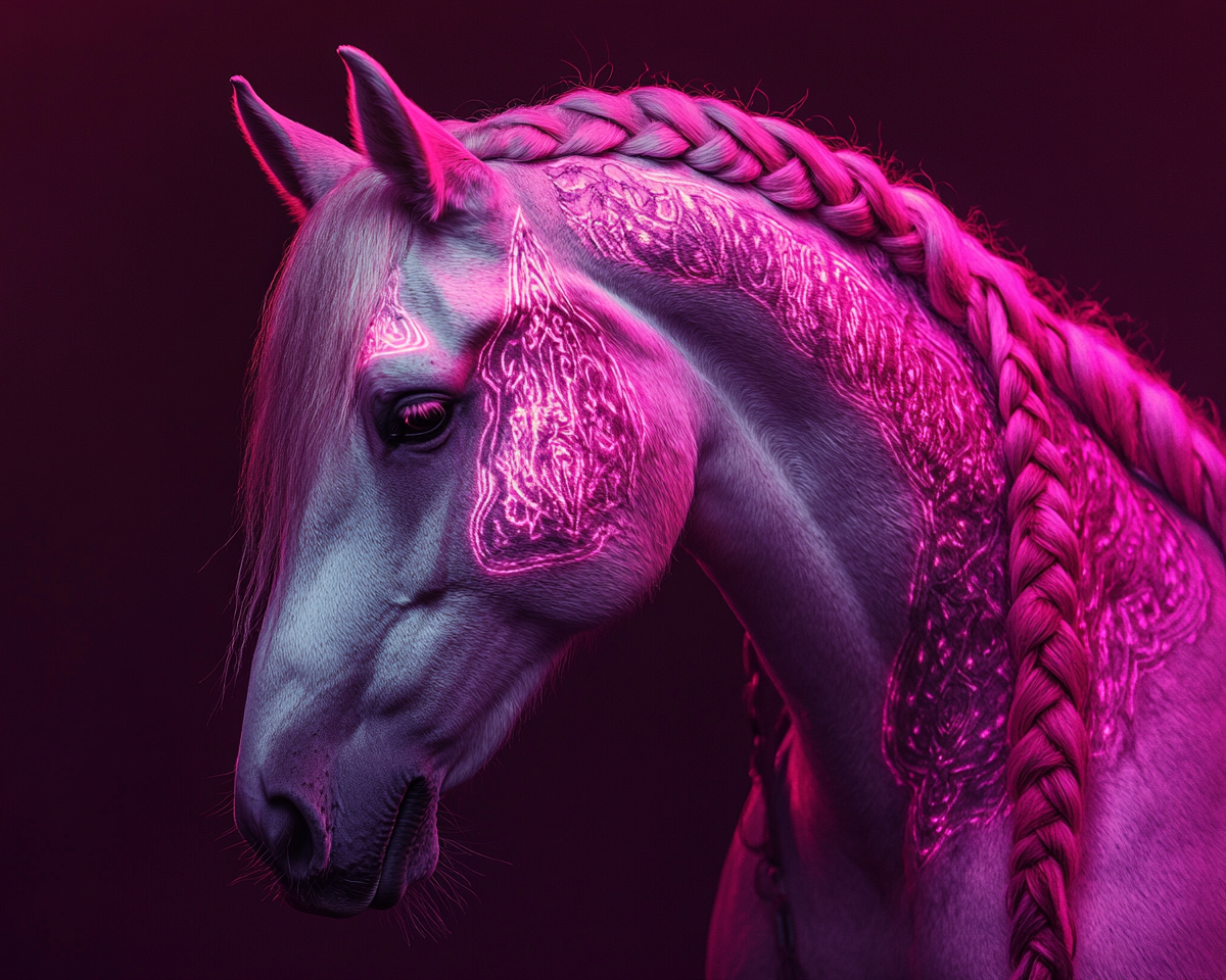 White horse with glowing tattoos on dark background