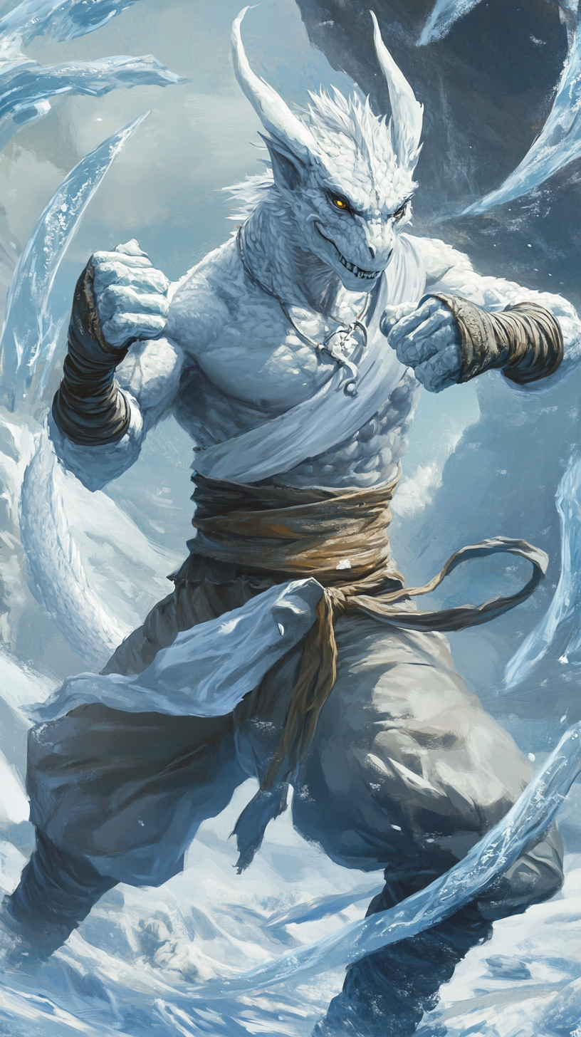 White humanoid dragon monk in boxer pose with ice swirling around