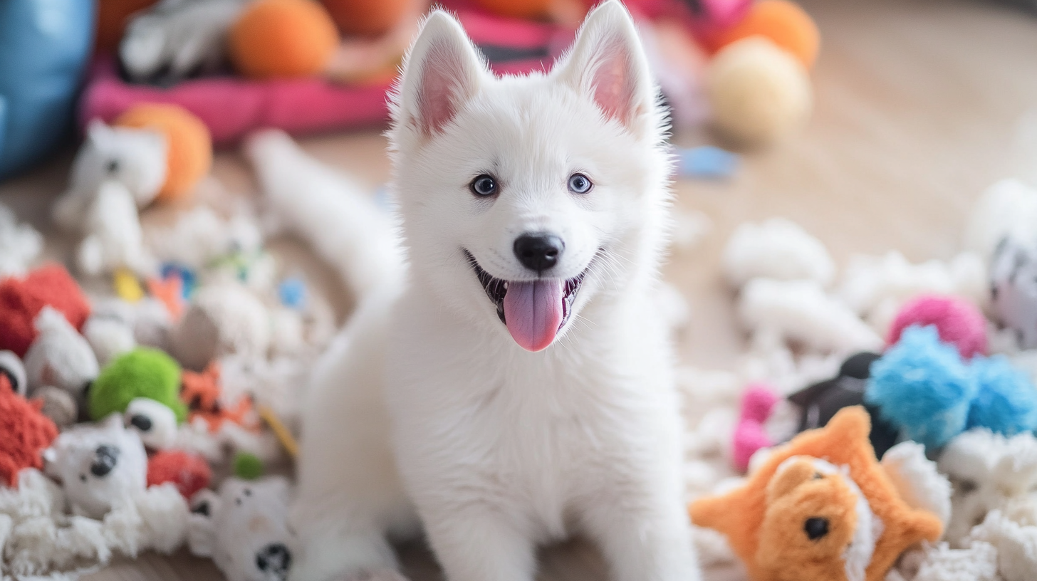 White husky pup smiling at camera near torn toys.