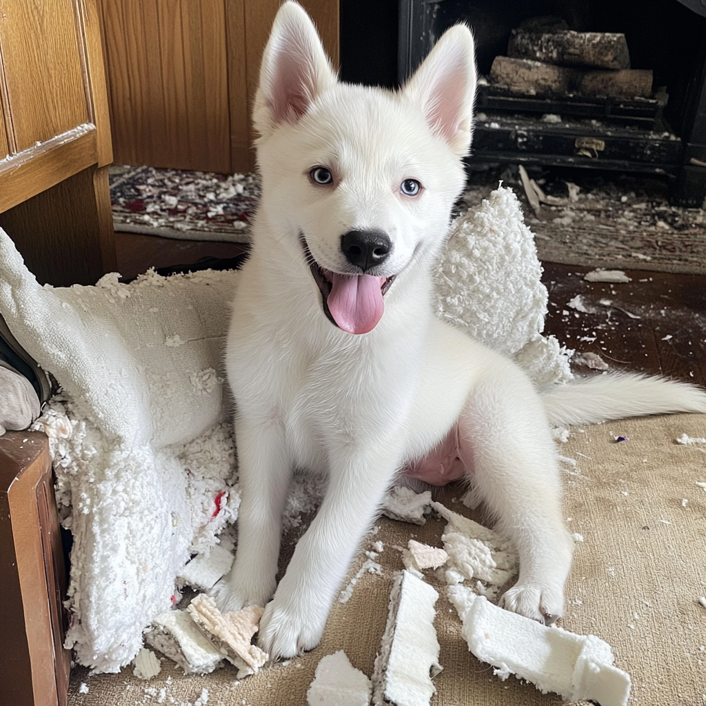 White husky puppy, tongue sticking out, smiling cutely.