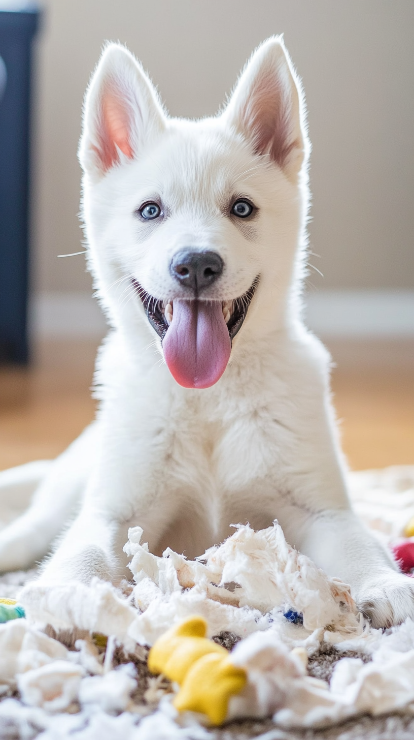 White husky puppy sitting next to torn dog toys.