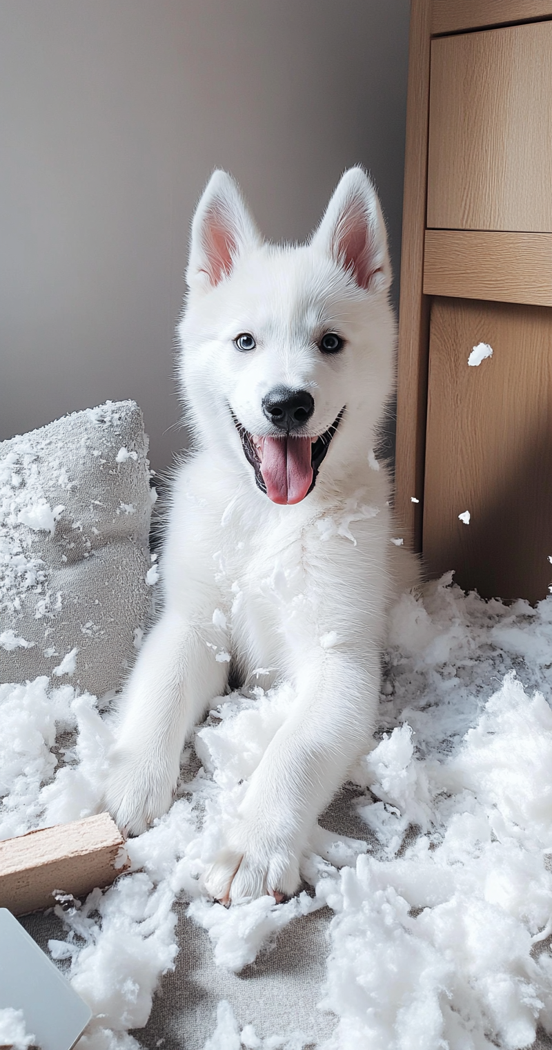 White husky puppy smiling at camera, sitting creatively.