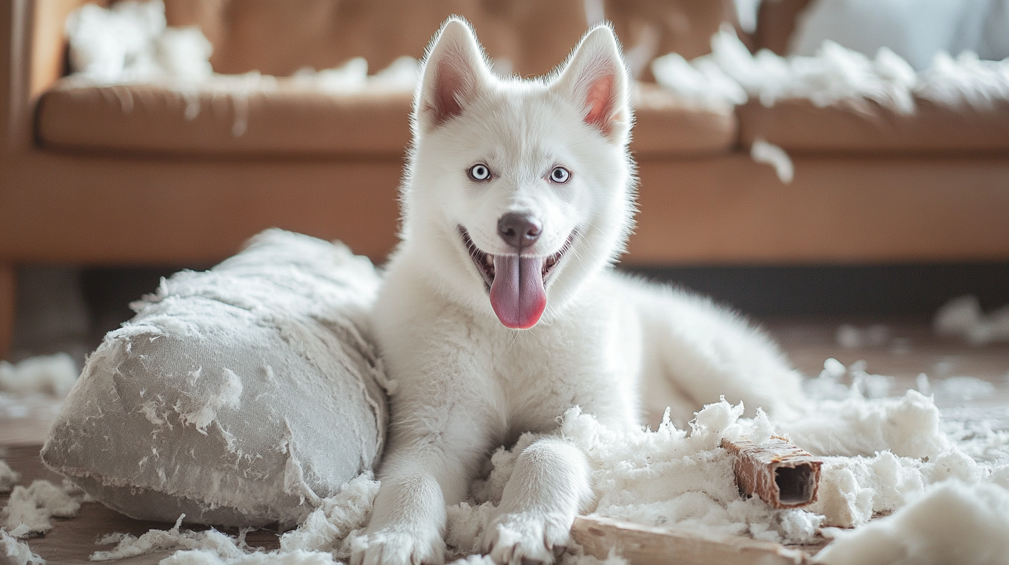 White husky puppy with tongue out, near chewed items.