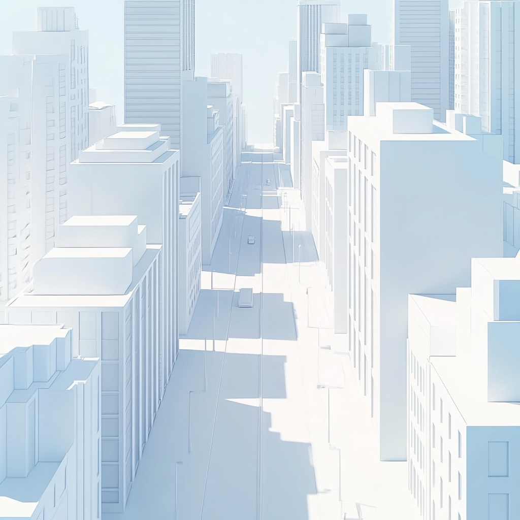 White isometric city street with cubical buildings view.