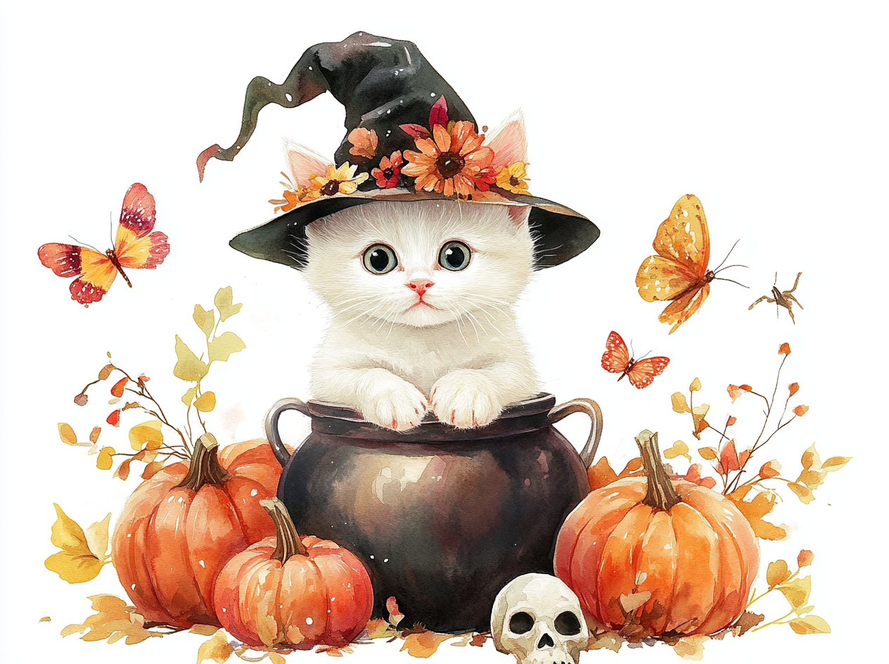 White kitten in witch hat in cauldron with Halloween clipart.