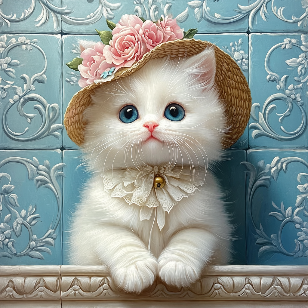 White kitten with floral hat, serenity in elegant lines.