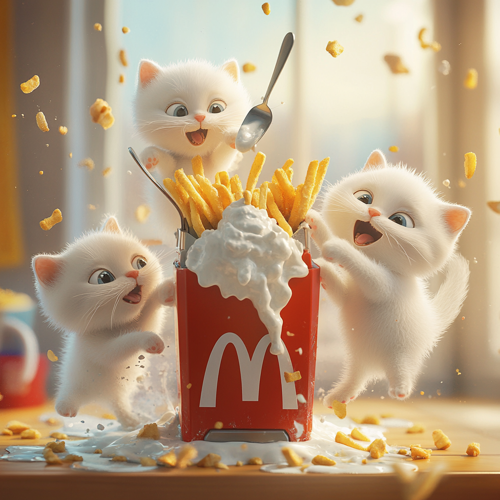 White kittens' mishap with McDonald's fries and Ice-cream