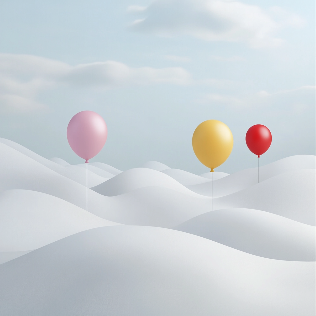 White landscape, vibrant alphabet balloons, educational, inspiring setting.