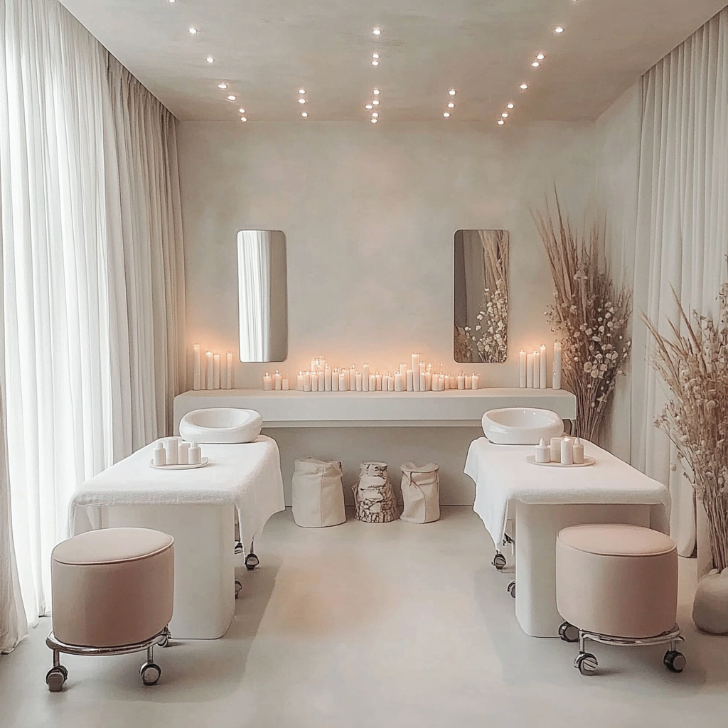 White minimalist spa room with nail vanity tables.