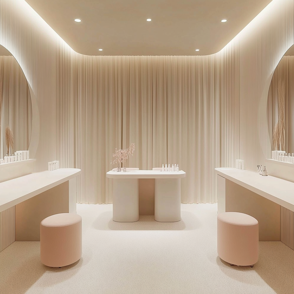 White minimalist spa room with two white nail tables.