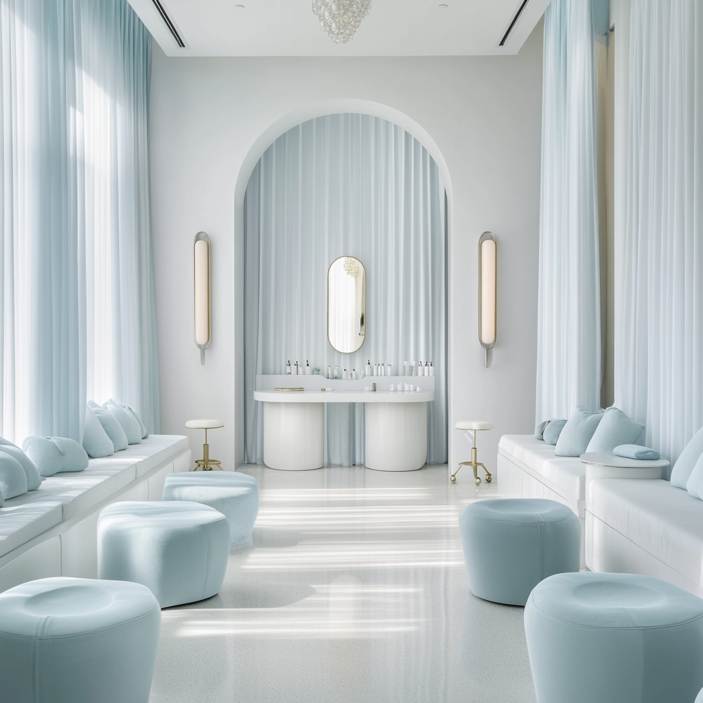 White minimalist spa room with white nail tables.