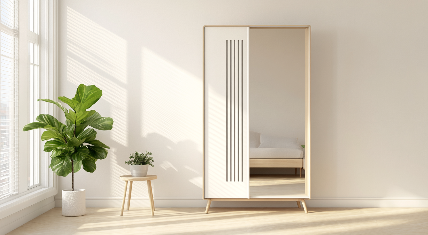 White modern wardrobe with slats, mirror, plant stand.