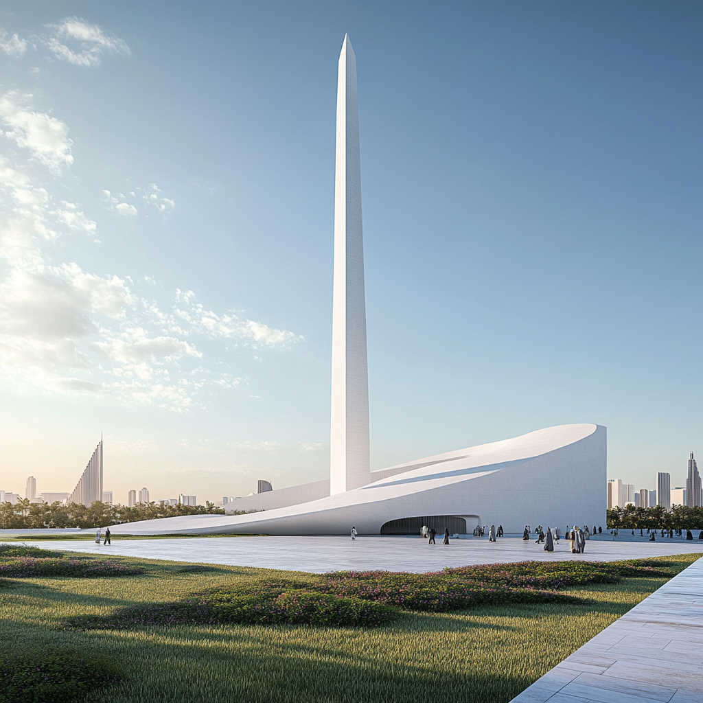 White mosque, obelisk, grassy field, people walking, blue sky.