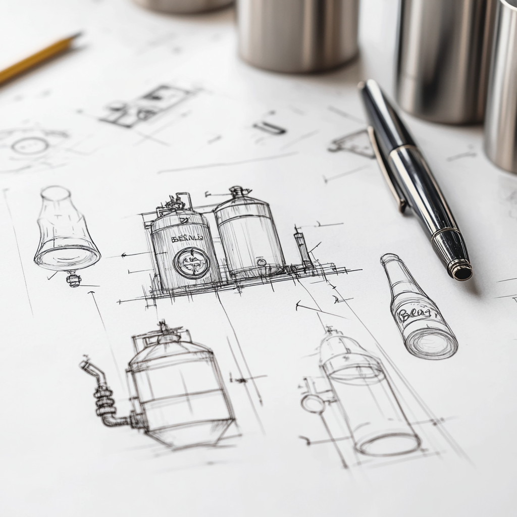 White paper with handmade drawings: guided tour, brewing, party, beer tap, beer tankers.