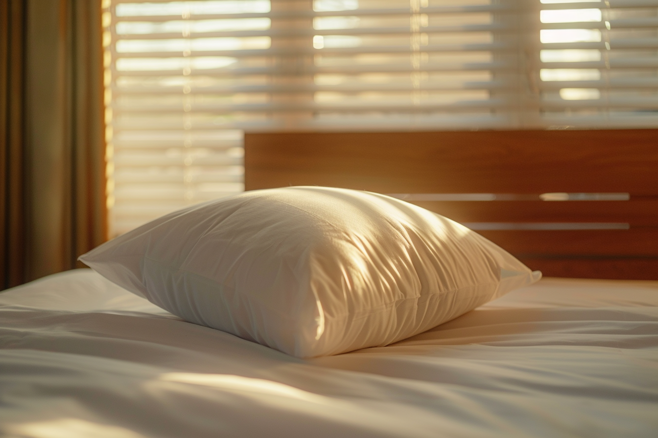 White pillow on neatly made hotel bed illuminated softly