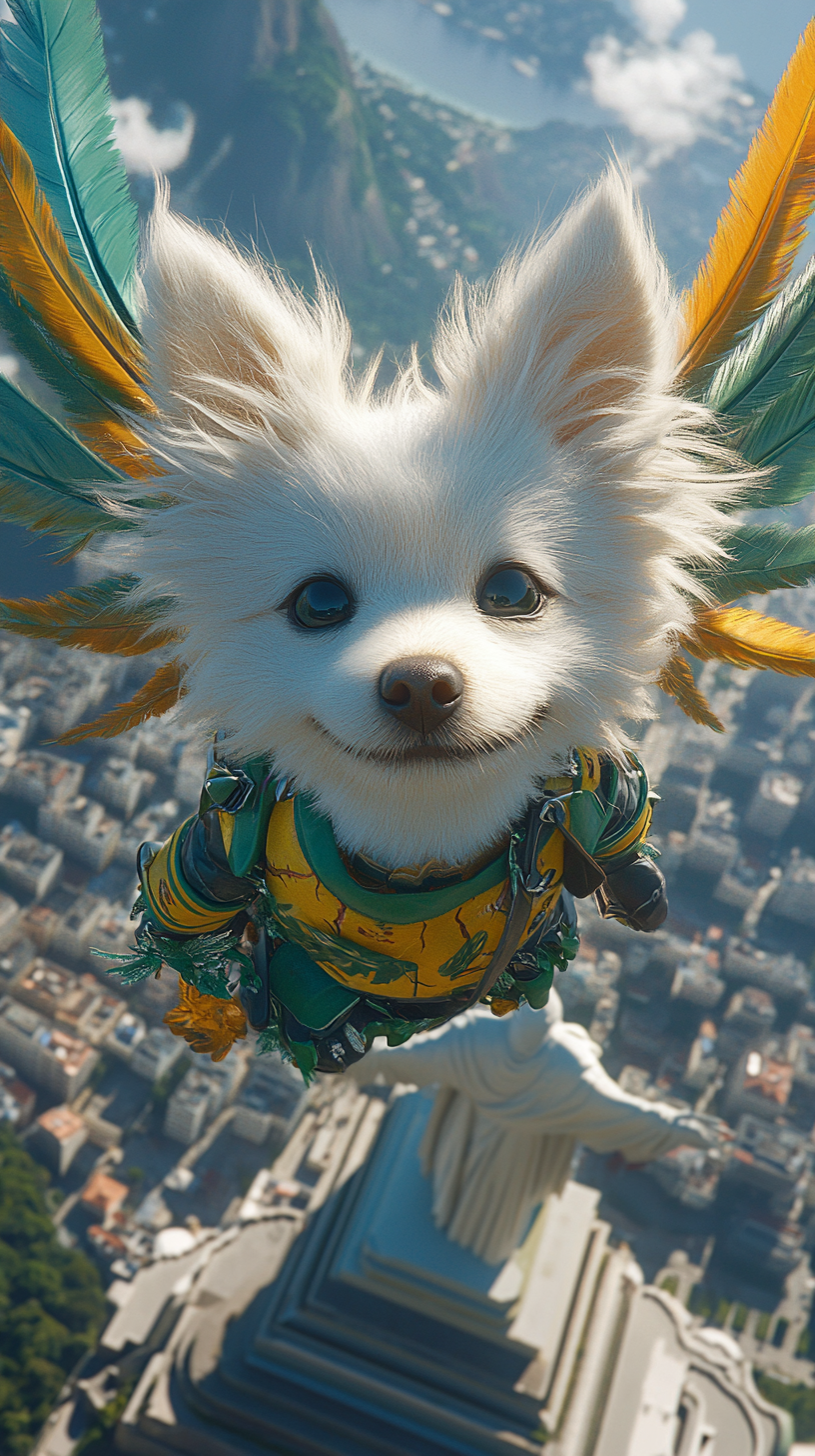 White pomeranian superhero soaring by Christ the Redeemer